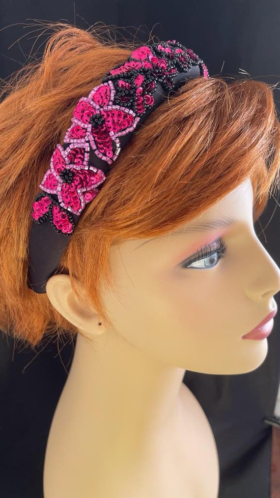 Handmade Floral Beaded Headband, Padded Hair Accessory - Etsy display picture 3