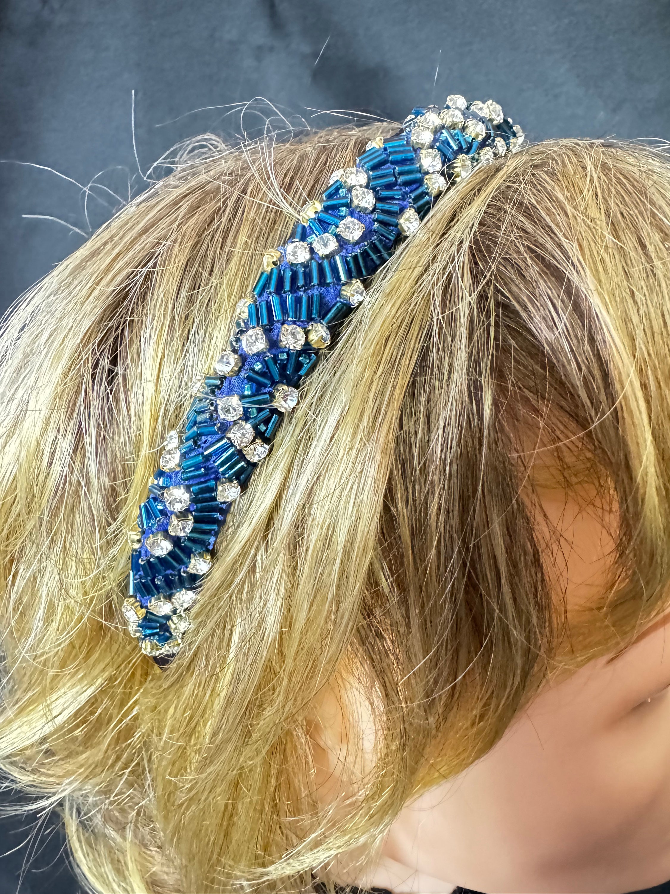 Blue Sequins Beaded Rhinestone Handmade Headband. Rhinestone  display picture 1