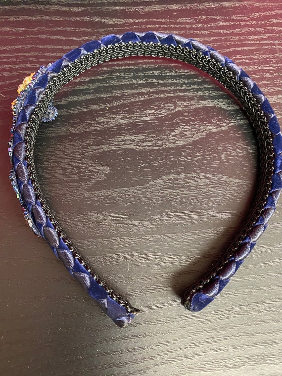 Vintage Blue Velvet Rhinestone Headband, Re-embellished Hair 