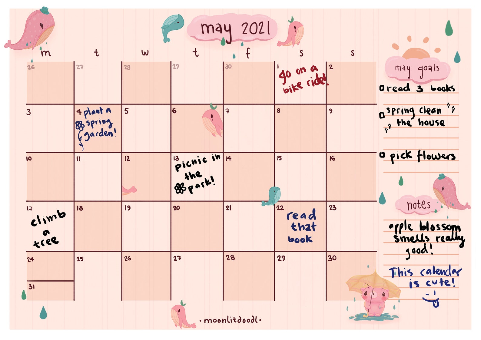 May 2021 Calendar Printable cute monthly calendar Whale | Etsy