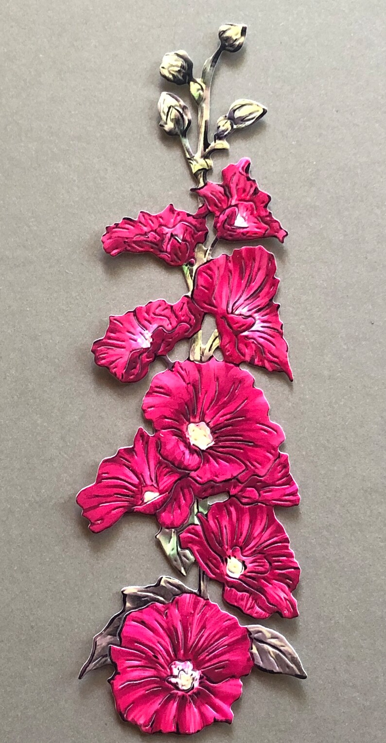 6 X Hollyhock Die Cut Embellishments. Vibrant Crimson Colour. Textured