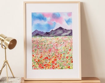 Poppy Field Mountain Landscape, Watercolor Wall Art Print
