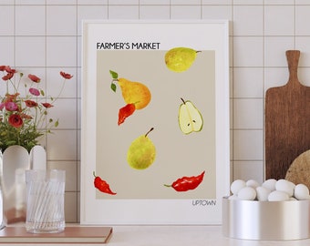 Farmer's Market Art Print, Fruit Kitchen Painting, Yellow Pears Hot Red Pepper