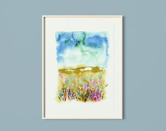 Watercolor Landscape Floral Field Boho Wall Art