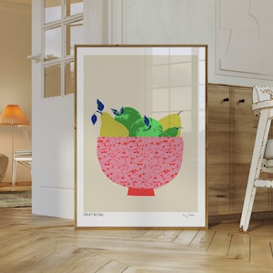 Stampa artistica di una ciotola di frutta, decorazioni per la cucina con pere e mele