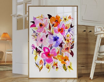 Art mural fleurs roses audacieux, impression d'affiche aquarelle abstraite