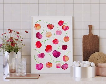 Cherries Art Print, Watercolor Fruit, Kitchen Food Painting