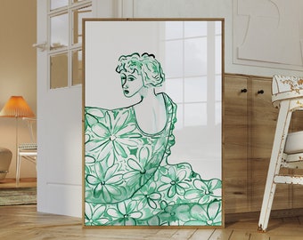 Green Girl Watercolor Portrait, Minimalist Art Poster