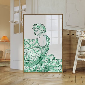 Green Girl Watercolor Portrait, Minimalist Art Poster