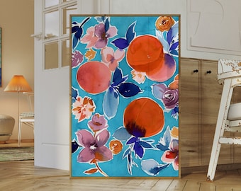 Puede incluir: Una impresión enmarcada con un fondo azul y un patrón floral con flores y hojas de color naranja y rosa. Las flores están pintadas en estilo acuarela.
