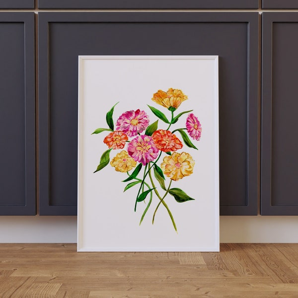 Impression d'art aquarelle floral botanique Zinnia