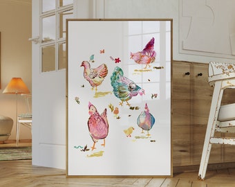 Hens Watercolor Art Print, Chickens Farm Art