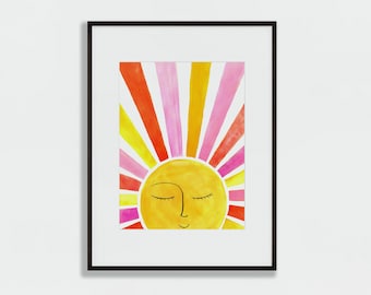 Happy Sun Wall Art, Sunshine Watercolor Decor