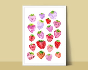 Strawberries Art Print, Watercolor Berries, Kitchen Painting