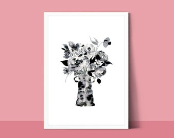 Art mural bouquet noir, aquarelle florale minimaliste