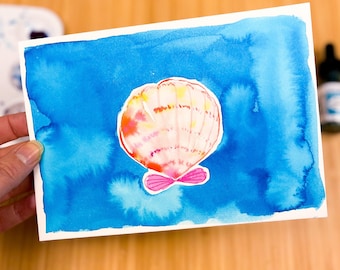 Bright Seashell Original 5x7, Watercolor Scallop Clamshell