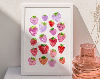 Strawberries Art Print, Watercolor Berries, Kitchen Painting
