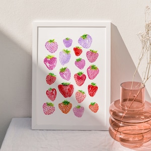 Strawberries Art Print, Watercolor Berries, Kitchen Painting