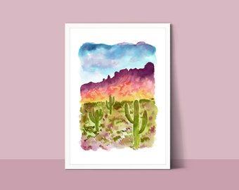 Desert Cactus Art Print, Southwest Landscape Watercolor, Saguaro Cactus Painting