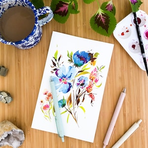 Cuaderno floral azul, diario, media carta, diario, regalo, papelería, acuarela