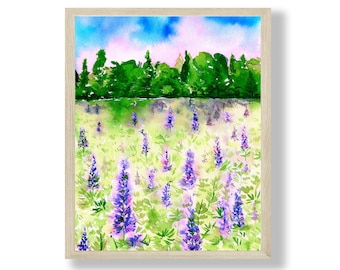 Lupines in Maine Landscape, Watercolor Wall Art Print