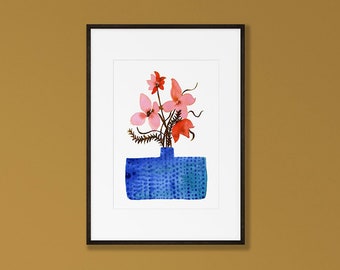 Blue Vase Watercolor, Floral Wall Art, Flower Painting