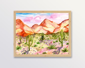 Southwest Painting, Cactus Mountain Watercolor Landscape