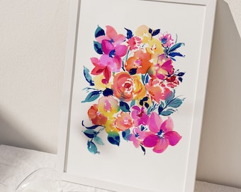 Pink Blue Summer Bouquet Floral Watercolor Art