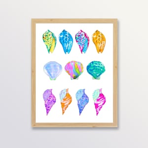 May include: A framed print showcasing watercolour illustrations of diverse seashells in vivid hues. The shells are rendered in yellow, blue, pink, orange, and purple, set against a white backdrop. The artwork is enclosed within a light brown wooden frame.
