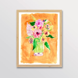 Impresión artística de acuarela de jarrón floral naranja