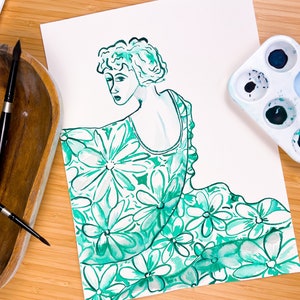 Acquerello originale &quot;Ragazza verde&quot;, 9x12 Wall Art Fine Art