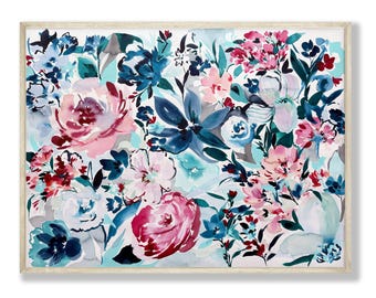 Teal and Pink Floral Original Watercolor Painting 22" x 30", Gallery Fine Art