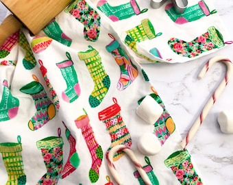 Christmas Tea Towel Bright Holiday Stockings Kitsch Hostess Gift