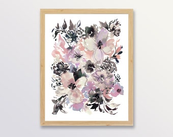 Pastel and Black Floral, Watercolor Wall Art, Original