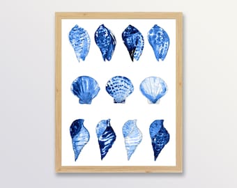 Indigo Shells, Seashell Watercolor Art Print