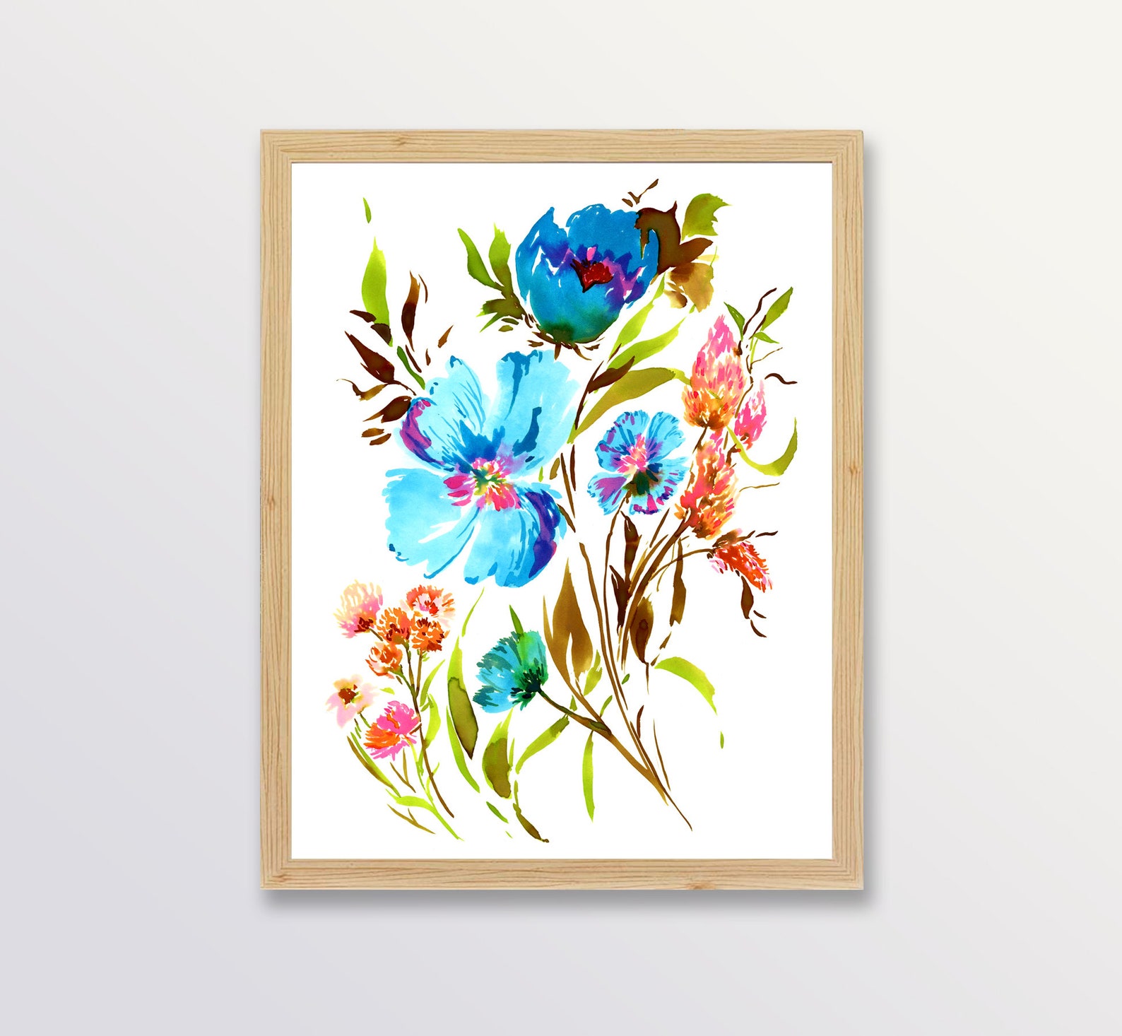 Blue Flowers Abstract Watercolor Floral Floral Wall Art | Etsy