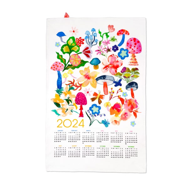 2024 Calendar Tea Towel Mushroom Floral, Kitchen Calendar