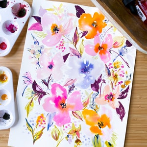 Bright Blooms Original Watercolor, 9x12 Pink Floral Wall Art image 1