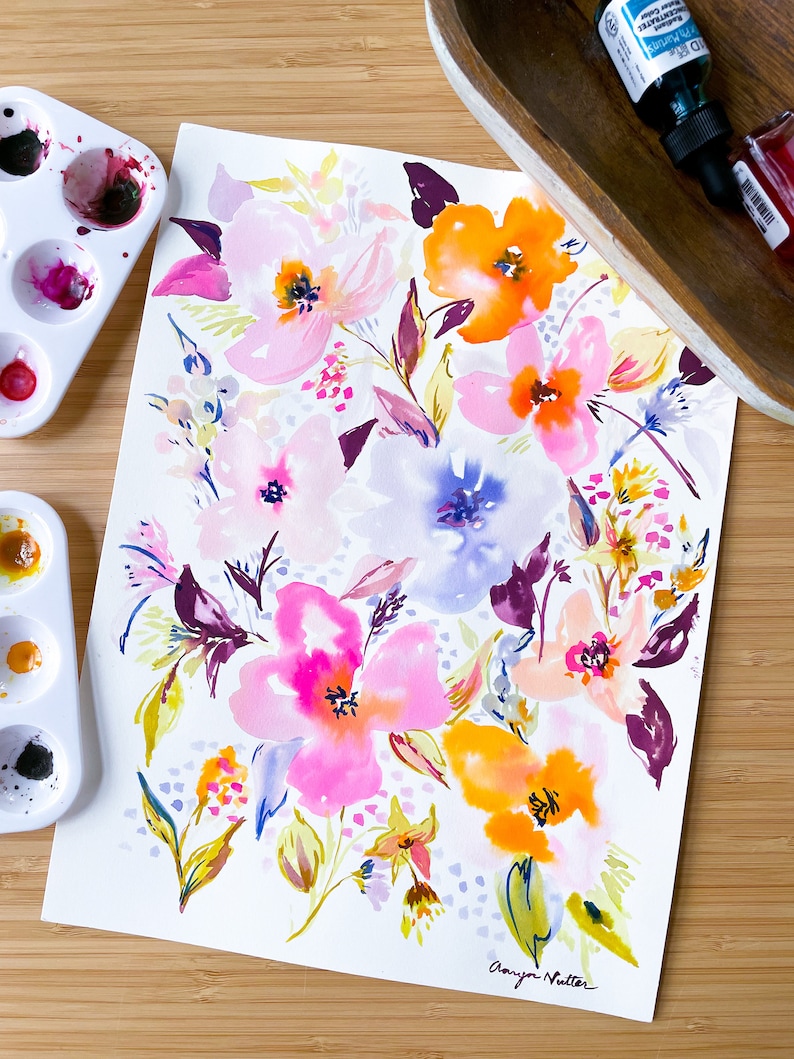 Bright Blooms Original Watercolor, 9x12 Pink Floral Wall Art image 1