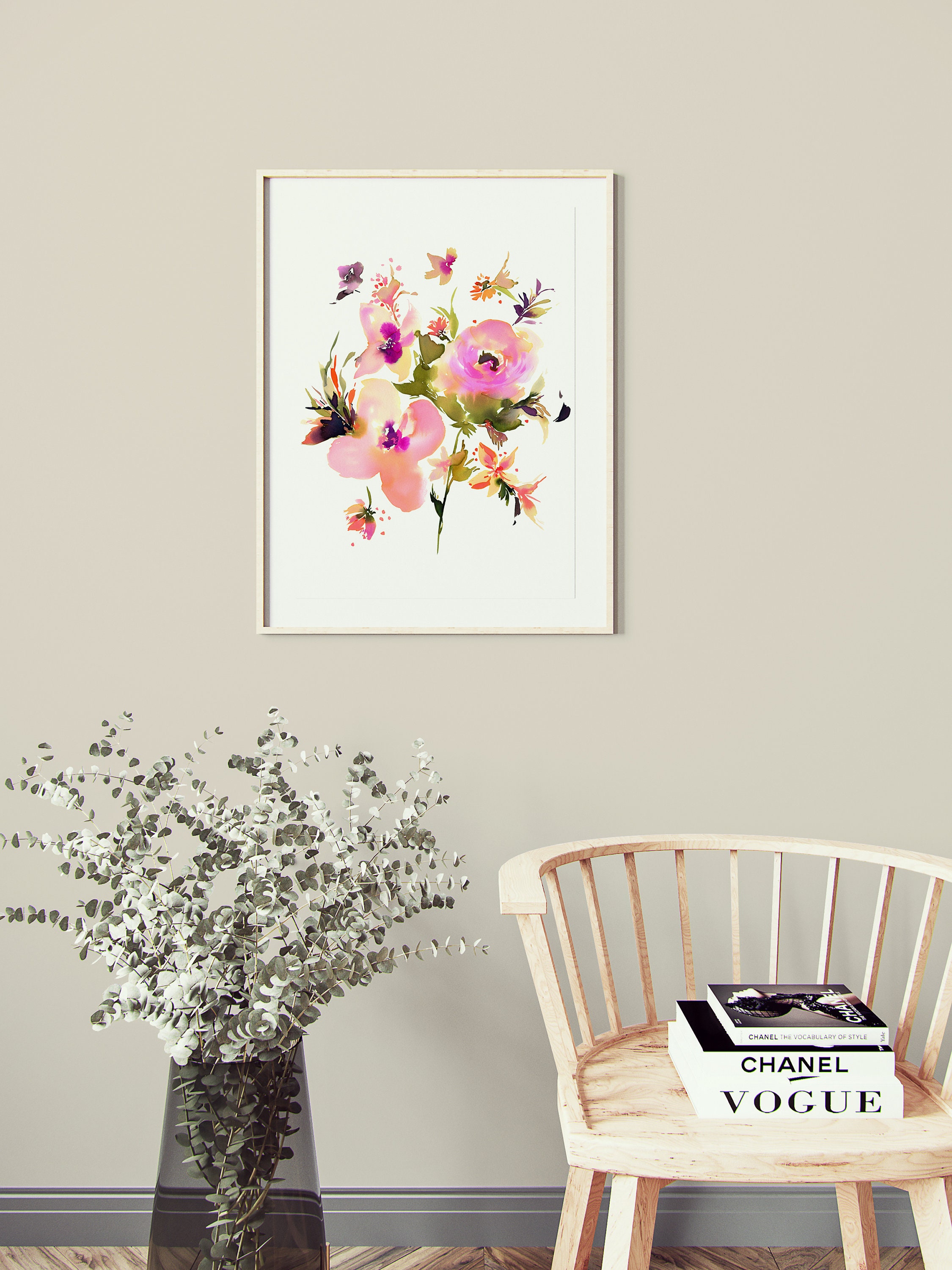 Pink Roses Cottage Floral Watercolor Art | Etsy