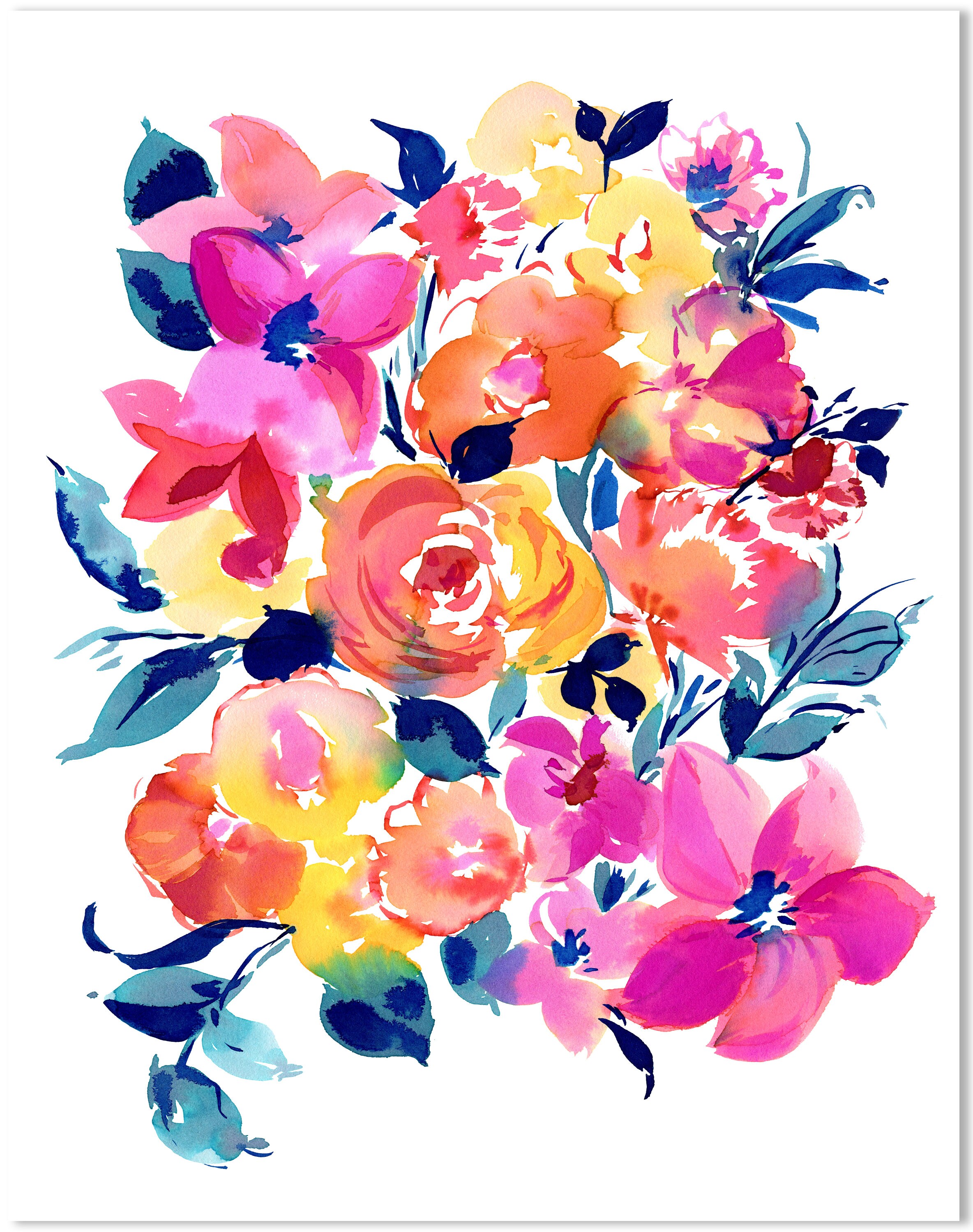 Pink Blue Summer Bouquet Floral Watercolor Art | Etsy