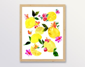 Lemon Floral Watercolor Art Print, Kitchen Food Fruit Painting