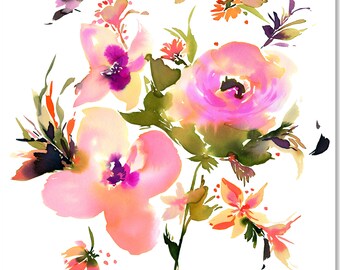 Pink Roses Cottage Floral Watercolor Art