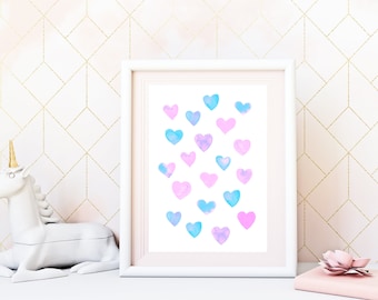 Pastel Hearts Watercolor Print, Valentines Art, Girls Nursery Art