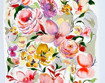 Large Floral Watercolor Painting Gallery Artwork 22"x30"