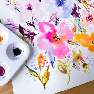 Bright Blooms Original Watercolor, 9x12 Pink Floral Wall Art image 4