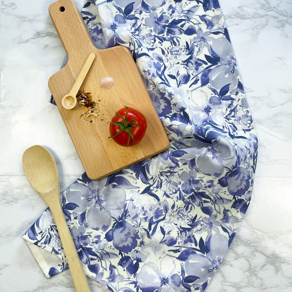 Indigo Blue Tea Towel, Spring Floral Kitchen Cloth, Hostess Gift