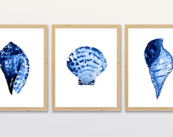 Set of 3 Prints, Indigo Shells, Seashell Watercolor Art Print