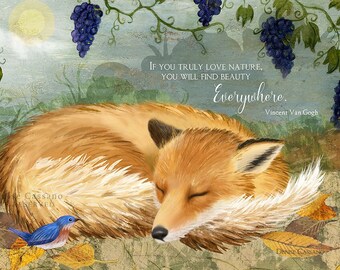Inspirational Card "Find Beauty Everywhere" Fox Painting, Fox and Grapes, Card About Nature, Wildlife Art, Card About Beauty, Van Gogh Quote