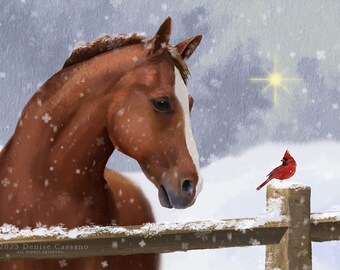 Horse and Cardinal Wall Art Print, Horse Art, Bird Art, Cardinal Nature Print, Wall Decor, Winter Art